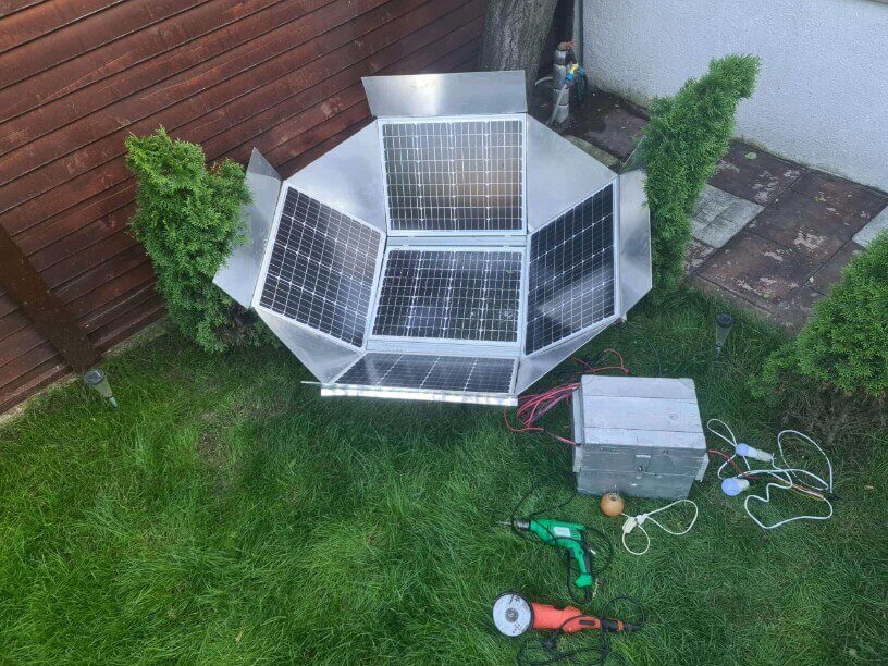 DIY Dish System in a garden producing electricity